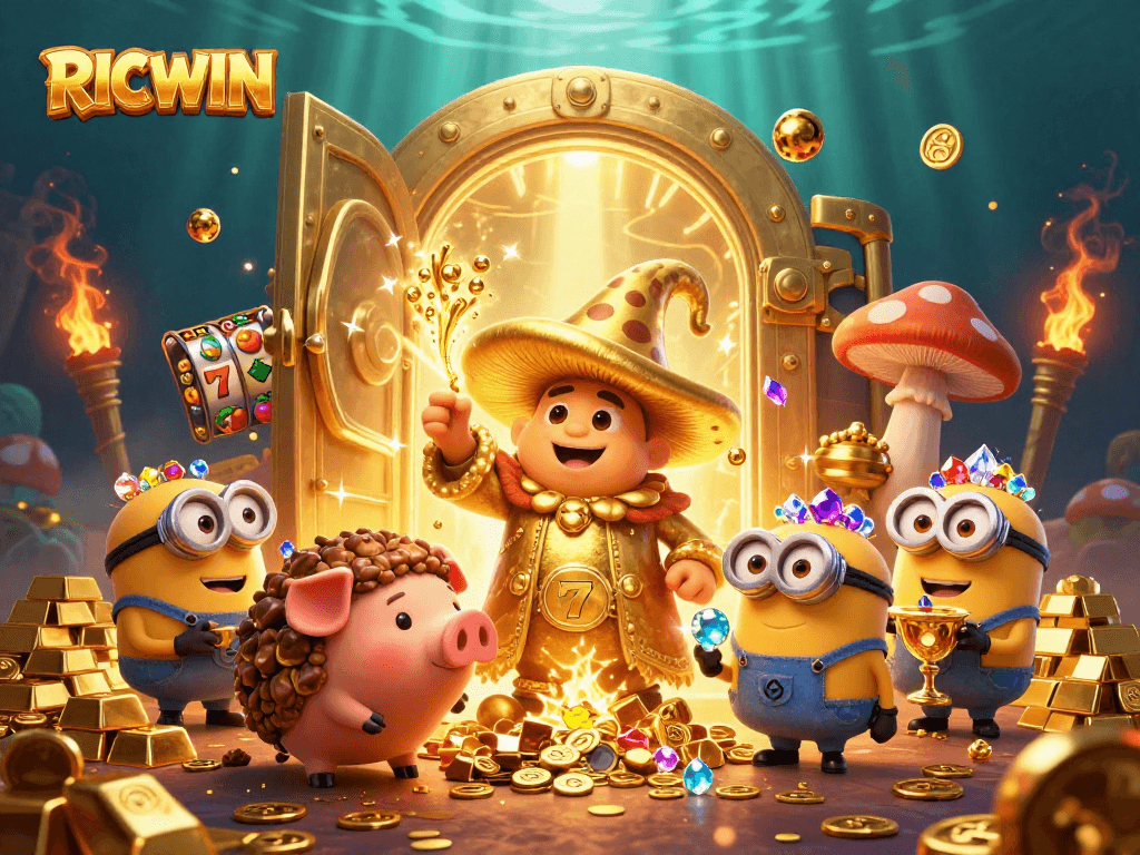 Win big with RICWIN in this vibrant, ultra-detailed casino fantasy scene.
