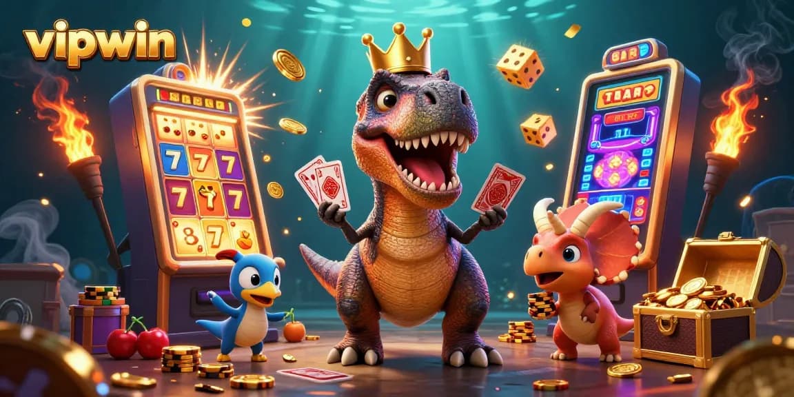 Engaging vipwin casino scene with a T-Rex shuffling cards, golden chips stacking, and jackpot elements exploding.