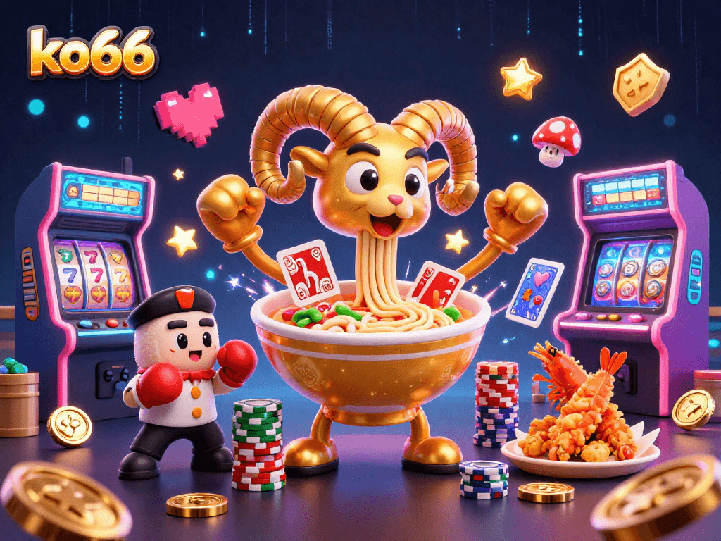 Play with ko66's vibrant casino scene featuring a giant ramen bowl character and engaging game elements.
