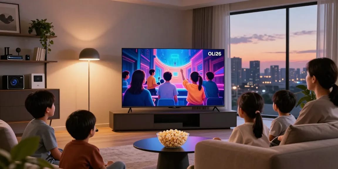 Family enjoying movie night with OLED TV 2026 in a stylish living room.