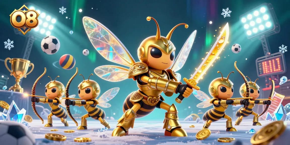 Experience O8's gaming excitement with a vibrant illustrated scene of a samurai hornet and sports elements.
