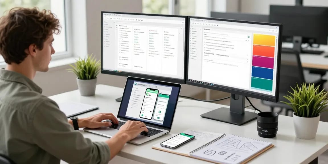 Designer testing WhatsApp下載 features in a modern workspace