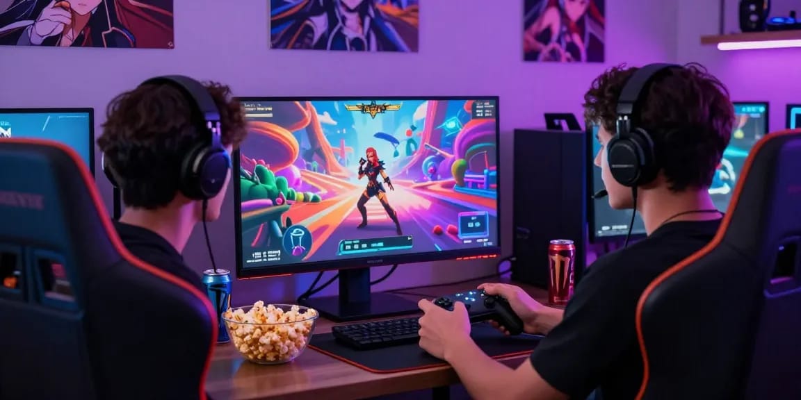 Engaged player enjoying mind control hentai game with vibrant graphics and gaming setup