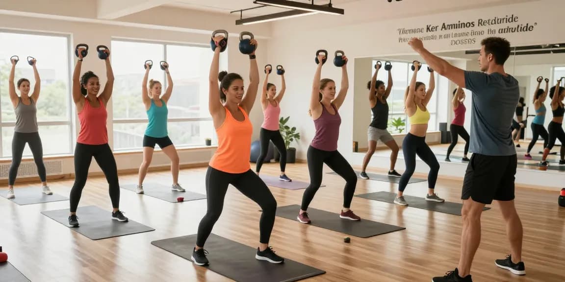 Koi Aminos retatrutide workout class in vibrant fitness studio, showcasing energetic participants exercising with kettlebells and resistance bands.