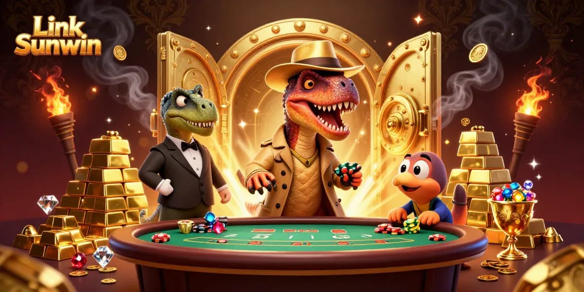Link Sunwin showcases a cartoon velociraptor card counter amidst a vibrant casino scene packed with gold and treasures.