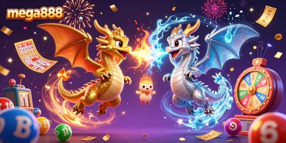 Experience the thrill of mega888 slots with dynamic visuals of dragons and colorful elements erupting.