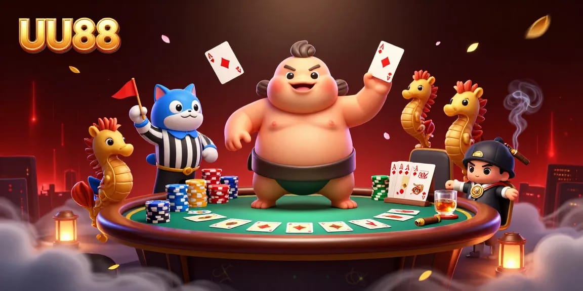 UU88 showcases an underwater casino scene with a fugu referee and poker elements.