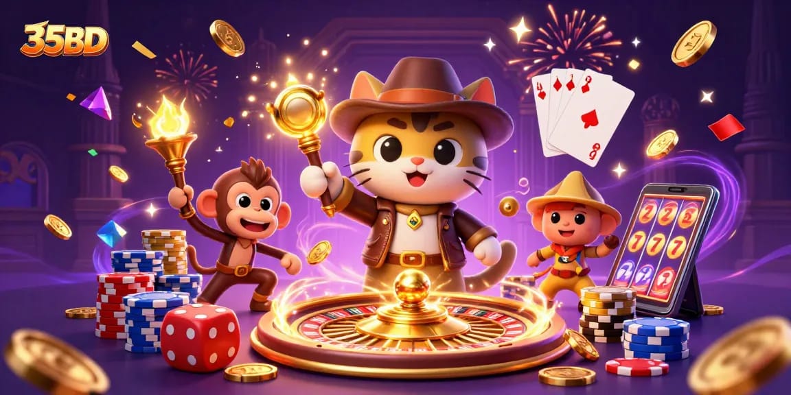 Experience thrilling adventures with 35BD as our archaeologist cat uncovers casino treasures amidst vibrant game elements.