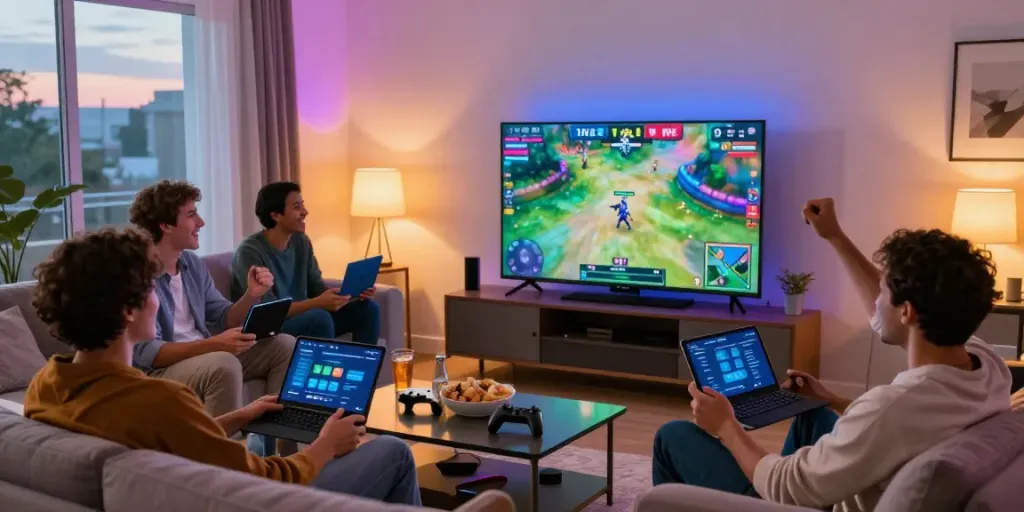 Exciting group gaming experience with friends using http://11bet-app.net/ in a cozy living room.