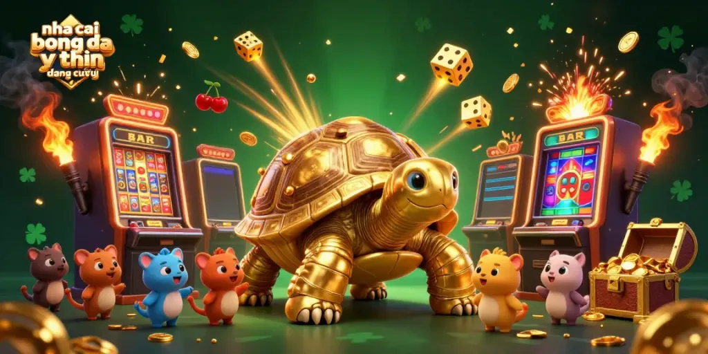 Engage in exciting gaming at nha cai bong da uy tin đáng chú ý with a vibrant 3D illustration featuring a joyful golden tortoise and casino elements.