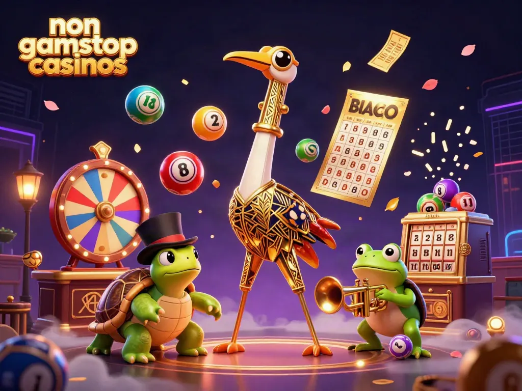 Experience fun at non gamstop casinos with an energetic scene featuring a cartoon crane, turtle, and frog amidst vibrant gaming elements.