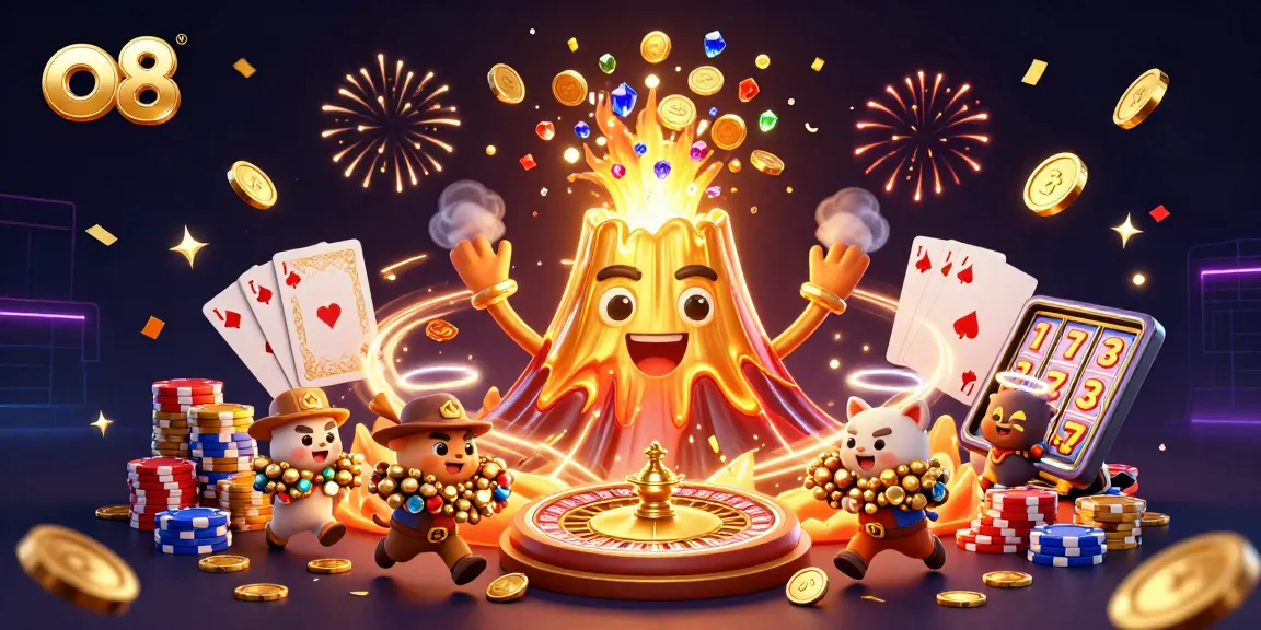 Experience the thrill of o8 with a triumphant golden volcano erupting coins, surrounded by treasure-filled explorers.