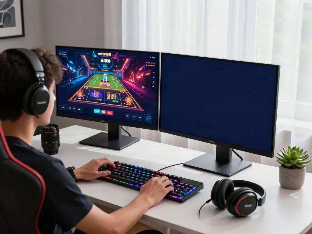 Player enjoying the SIN88 platform with vibrant casino graphics and sports events on dual monitors.
