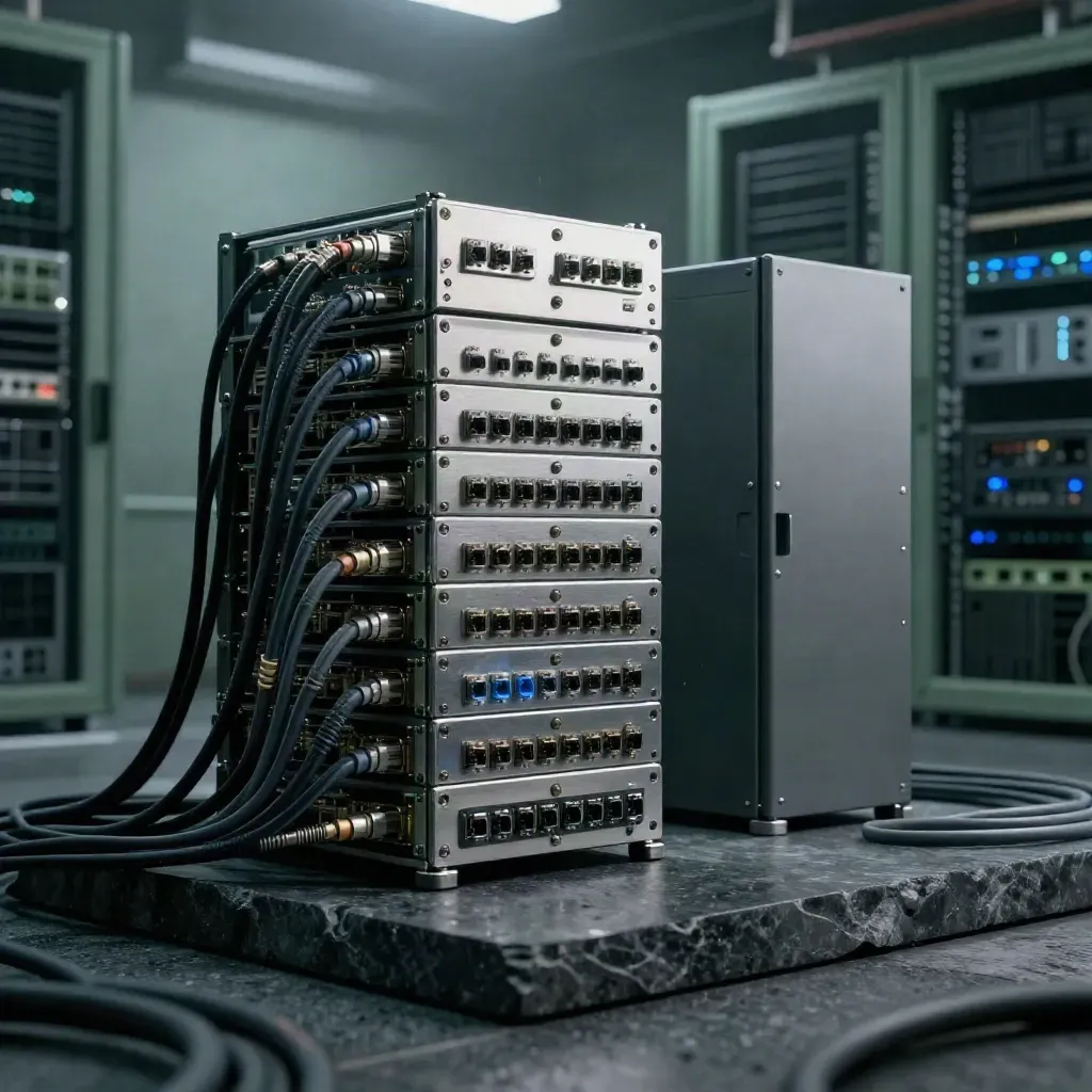 Brushed aluminum server modules and braided cables stack on a dark stone plinth in moody misty light.