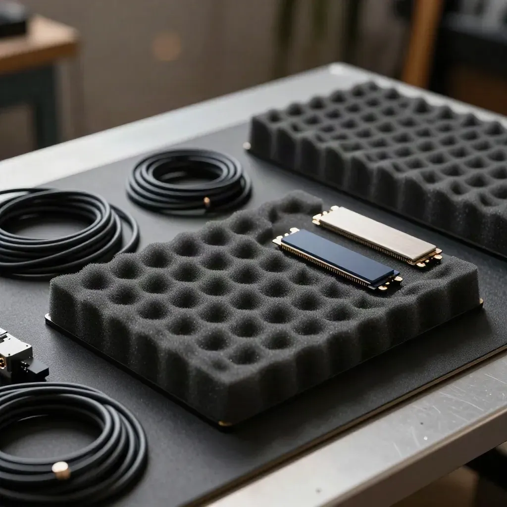 Anti-static foam trays, patch leads, and SSD cases on a moody workbench