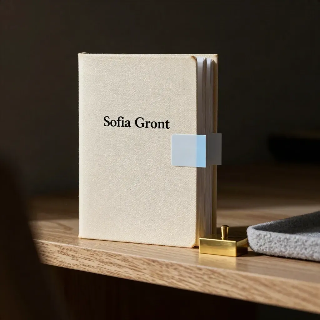 Onboarding handbook, blank dividers and brass paperweight on oak with a blue accent.