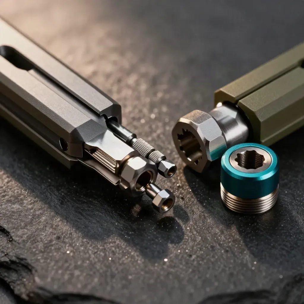 Macro of machined spacers, hex drivers and a split joint on dark slate