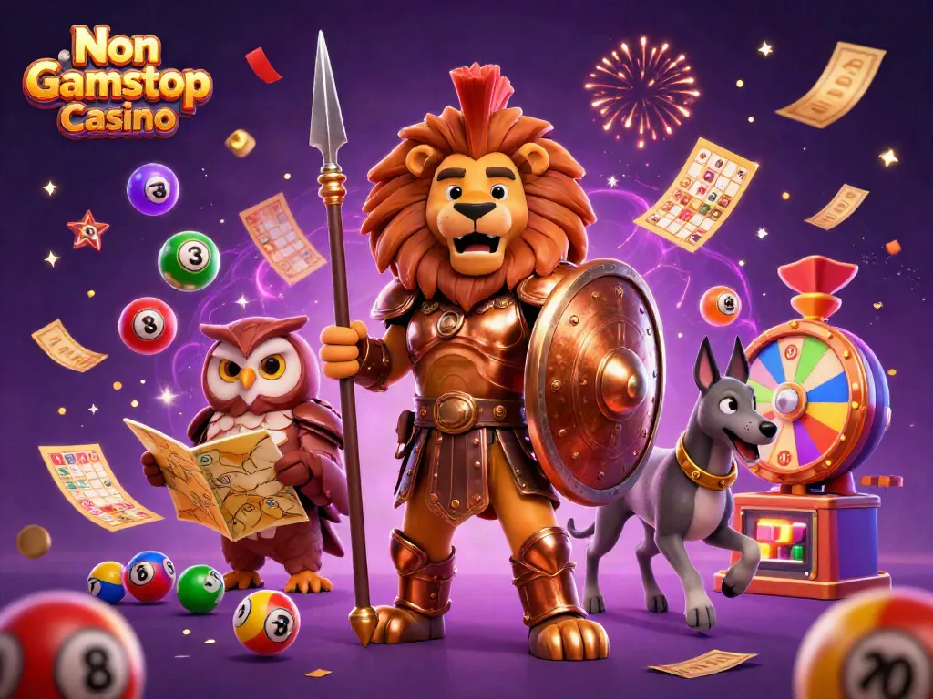 Experience the thrill of Non Gamstop Casino with a 3D illustration of lively characters and gaming elements.