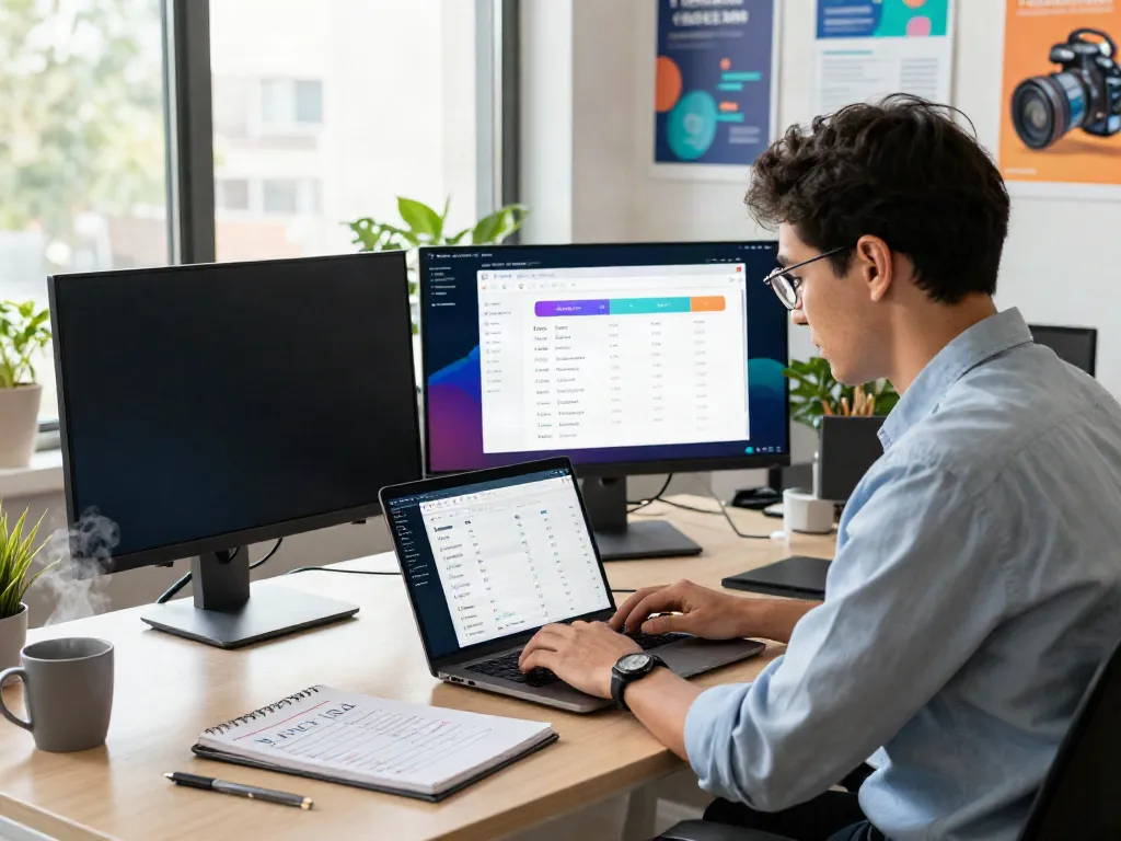 SEO strategist analyzing instant indexing metrics in a modern office.