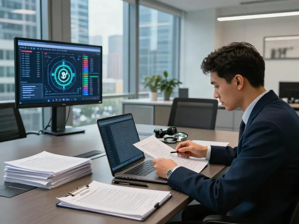 Cryptocurrency fraud investigation scene analyzing documents and blockchain data in a professional office setting