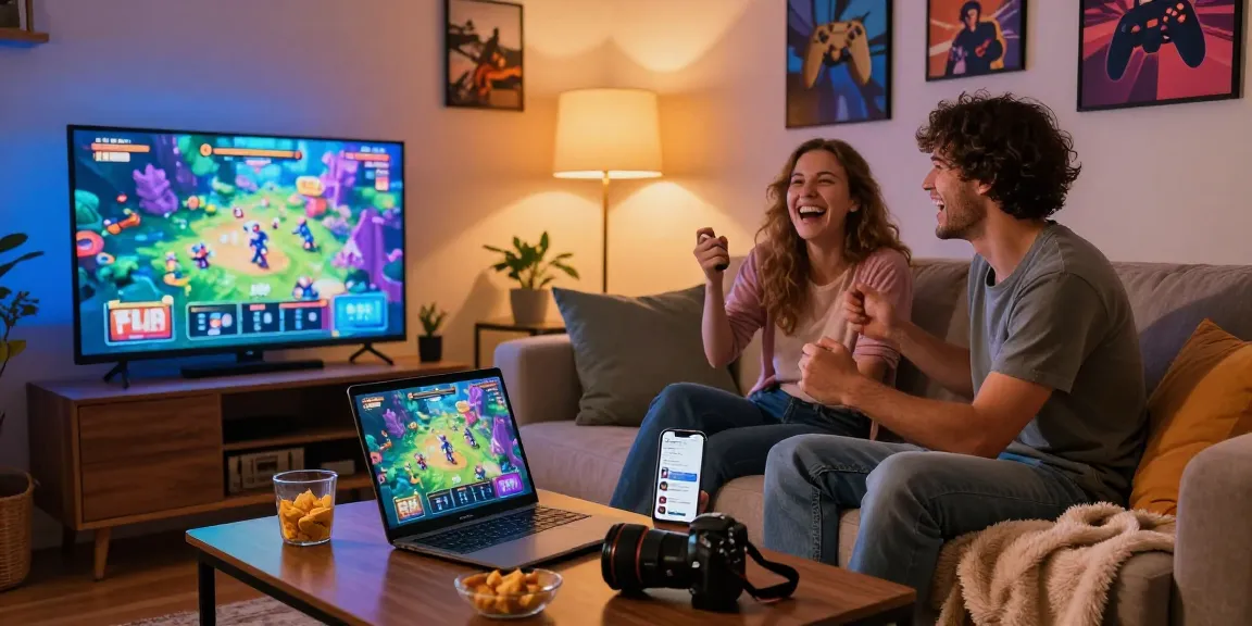 Couple enjoying free porn games on their home screen, cozy gaming atmosphere with snacks.