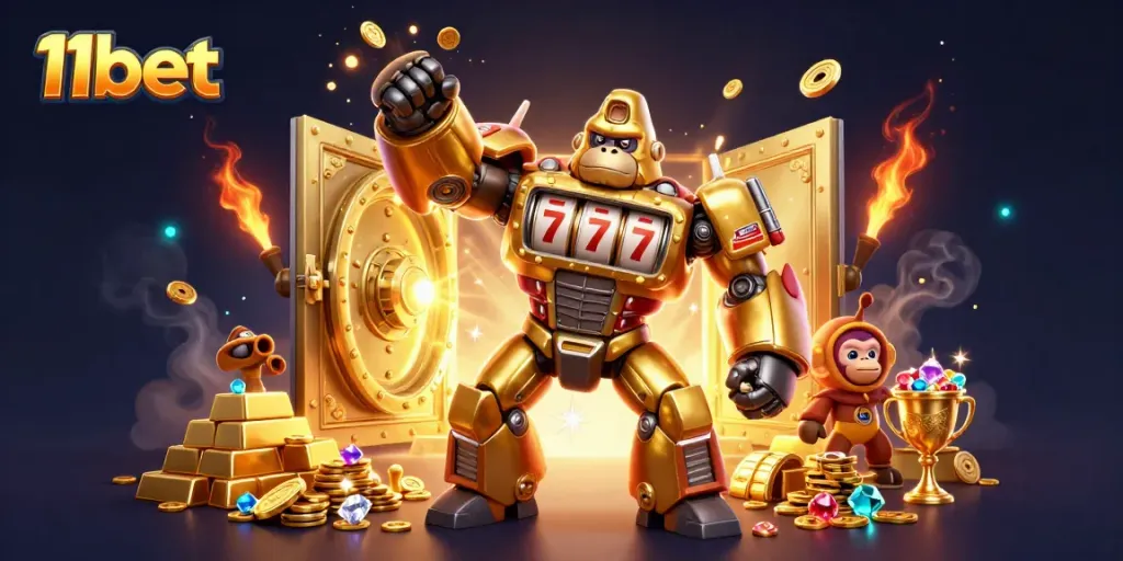 Experience the thrill of 11bet with dynamic gaming visuals, featuring a golden gorilla mech in action.