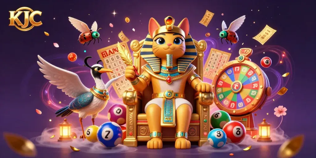 KJC offers exciting lottery action with a vibrant scene of a pharaoh cat and colorful game elements.