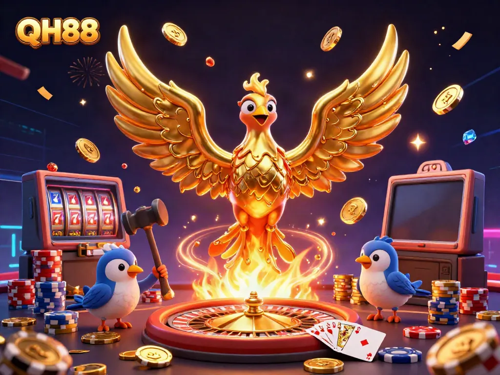 Experience the excitement of QH88 with our casino-themed magical scene filled with vivid characters, gold coins, and game elements.