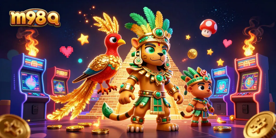 Play exciting games at m98 q with glowing Mayan priests and vibrant casino elements.