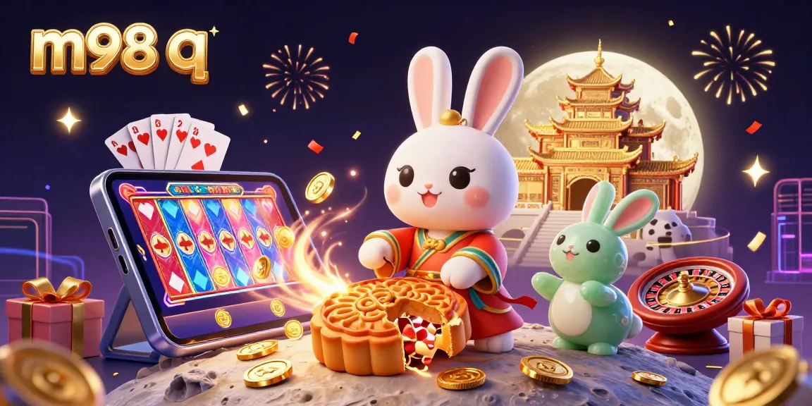 Experience the thrill of m98 q in this vibrant illustration of a casino scene with a moon rabbit, poker chips, and festive gaming elements.