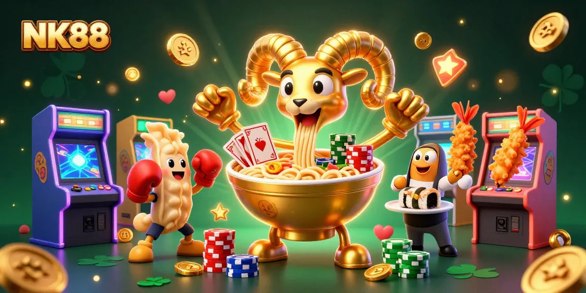 NK88 players enjoy thrilling casino games with vibrant characters and energetic atmosphere in this colorful illustration.