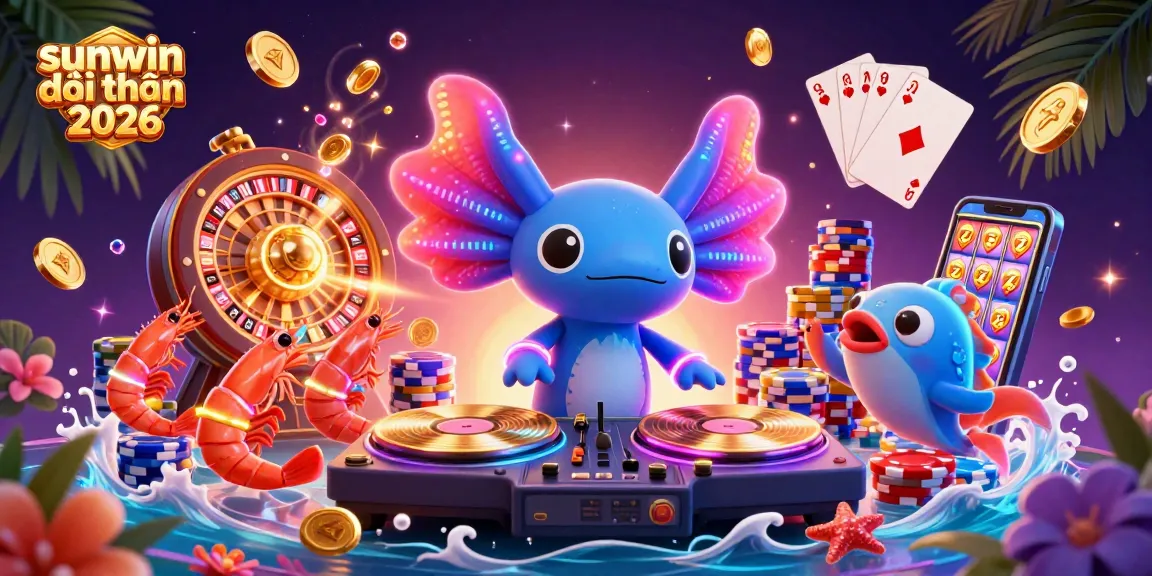 Engage with sunwin đổi thưởng 2026 gaming excitement through neon axolotl DJ and richly detailed casino elements.