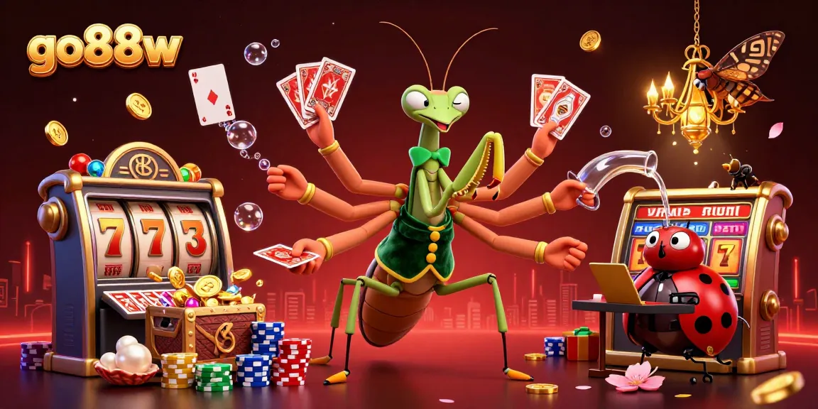 go88w showcases a lively casino scene with a giant mantis card dealer and treasures, creating excitement for players.