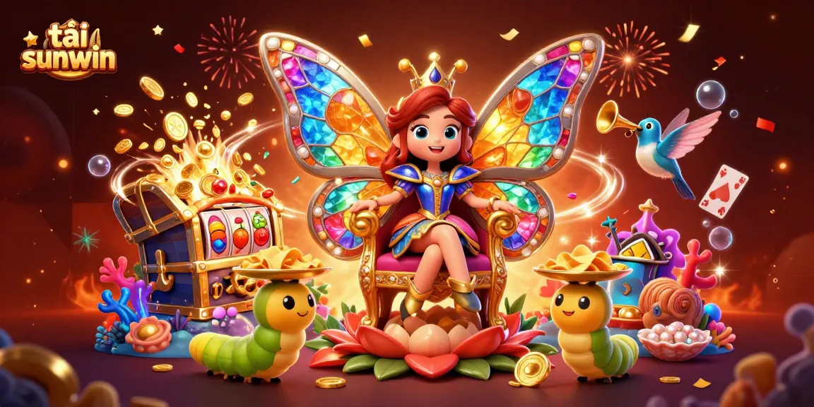 Experience the thrill of tải sunwin in this vibrant 3D casino scene featuring a butterfly queen and slot games!