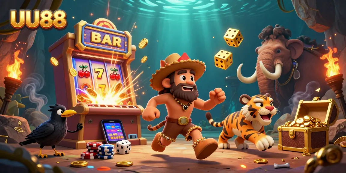 Experience thrilling jackpots at UU88's vibrant casino scene with characters and game elements.