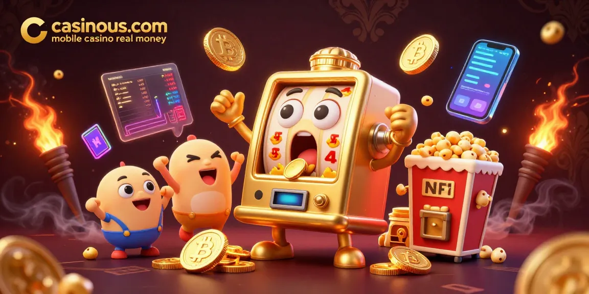 Experience casinous.com mobile casino real money with golden slot machines hitting jackpots and crypto coins scattered around.