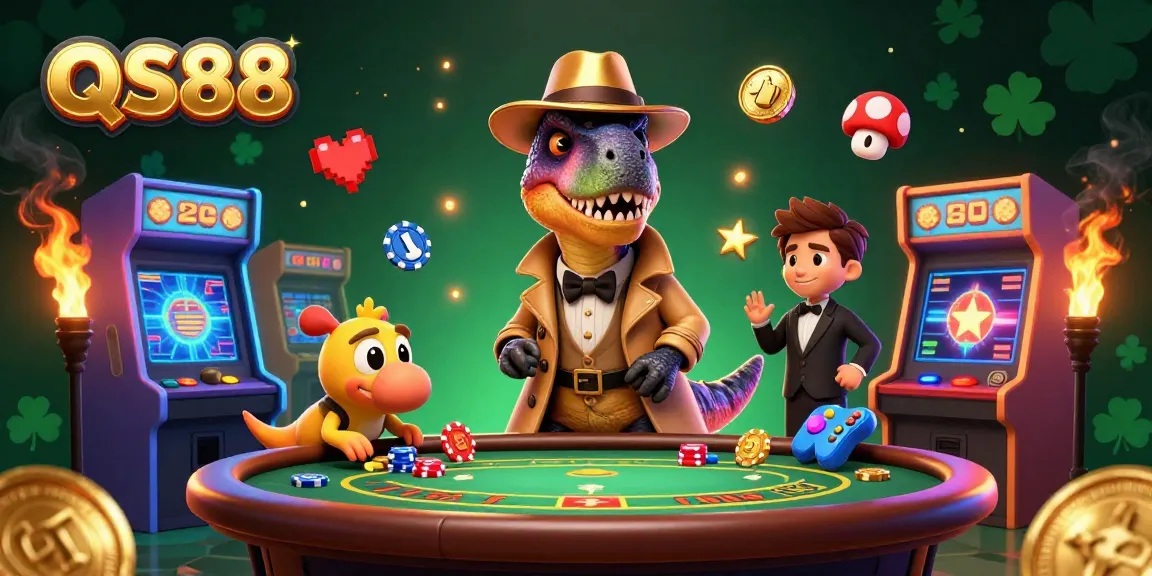 QS88 invites players to ace blackjack with 3D velociraptor and dinosaur characters in a vibrant casino.