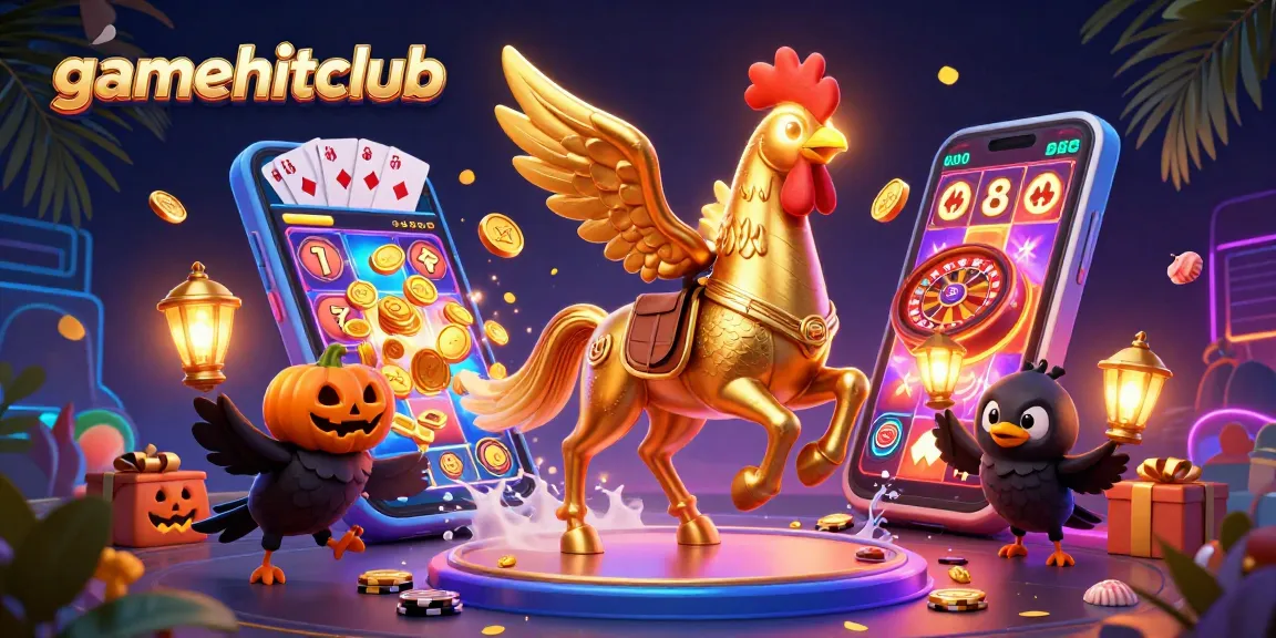 Experience the excitement of gamehitclub with vibrant casino elements and engaging characters in this 3D illustration.